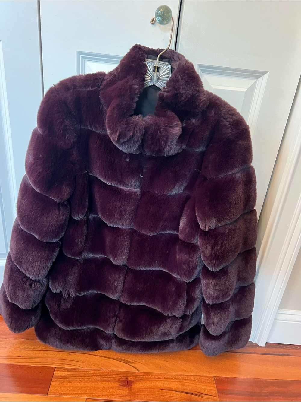 Via Spiga Plush Faux Fur Puffer Jacket reversible black waterproof nylon- Plum